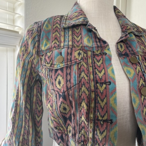 Forever 21 Premium Denim | Tribal Aztec Boho Cropped Denim Jacket Y2K Size S - Picture 2 of 12